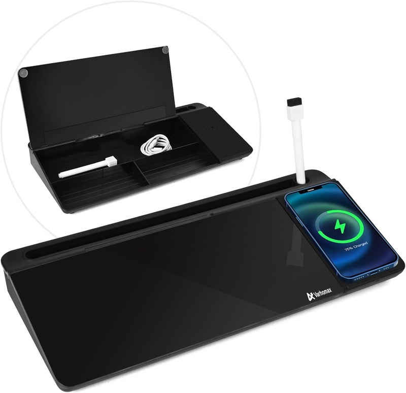 Varhomax Glass Desk Whiteboard Black with Wireless Charger, Desktop Dry Erase White Board with Storage,to Do List Memo Notepad for Home and Office - Image 1